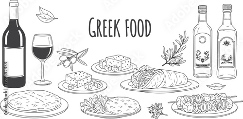 Greek food and drink isolated on transparent background