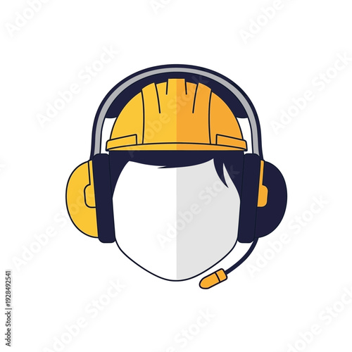 A Construction Worker Icon Featuring Safety Gear, Headset, And Protective Helmet In Flat Design