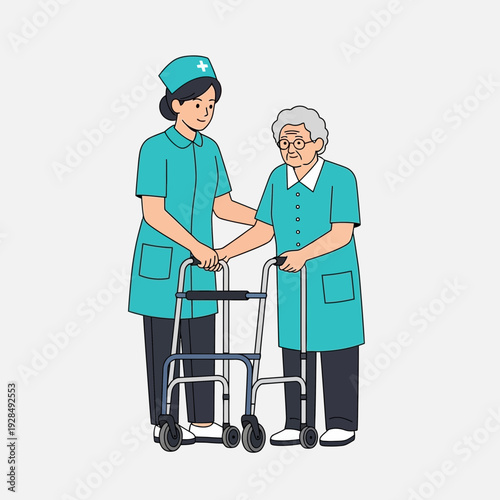 A Compassionate Nurse Assists Elderly Woman Using a Walker for Mobility Support and Care