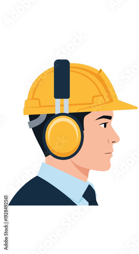 A Construction Worker Profile Illustration Wearing Safety Gear, Protecting from Noise and Hazards