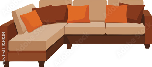 Modern L-Shaped Sectional Sofa with Orange Cushions – Cozy Living Room Furniture Vector Illustration