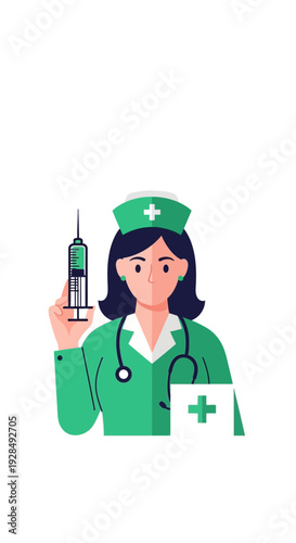 A Dedicated Medical Professional Ready To Administer Therapeutic Injection In Green Uniform