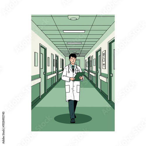 A Dedicated Medical Professional Walks Through Hospital Corridor, Displaying Professionalism and