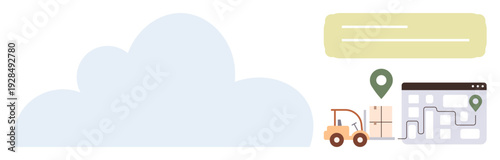 Logistics, delivery, navigation, warehouse management, supply chain, transportation. A forklift, map and cloud icons with location markers. Logistics and delivery illustrated