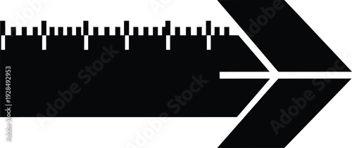 Ruler with arrow pointing right on white background with markings