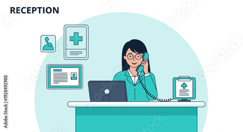 A Friendly Receptionist Using The Telephone At The Front Desk In Medical Facility