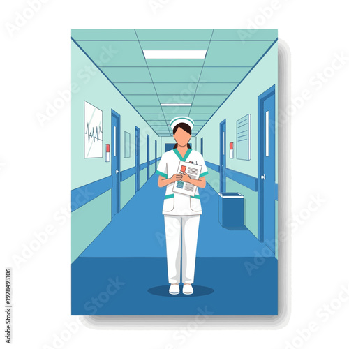 A Medical Professional Stands in Hospital Corridor, Holding Patient Charts, in a Vector Illustration