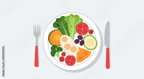 A Healthy Meal Depicted With Vegetables, Fruits, Eggs, and Cutlery for a Balanced Diet