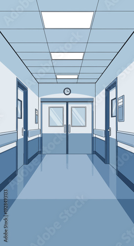 A Minimalist Illustration Of A Hospital Corridor, Showcasing Clean Lines And Sterile Atmosphere