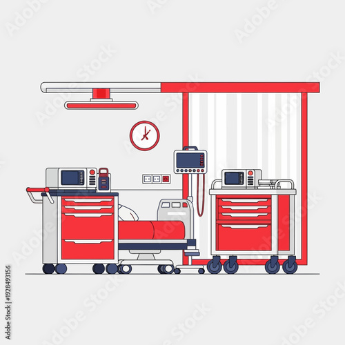 A Minimalist Illustration Of Hospital Room Elements, Medical Equipment, Patient Bed, And Clock