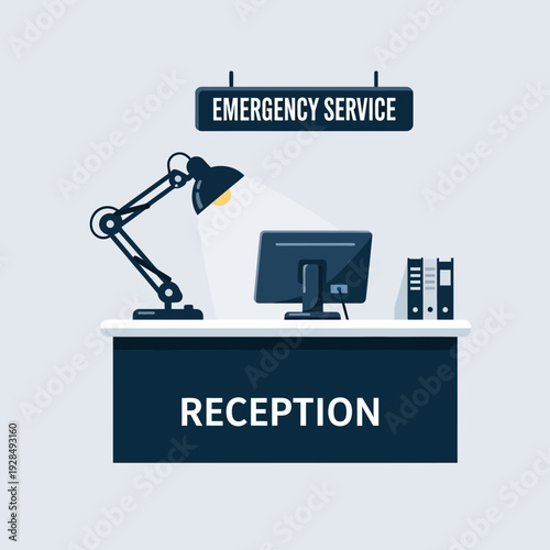 A Minimalistic Office Reception Desk Scene with Emergency Services Sign and Desk Lamp