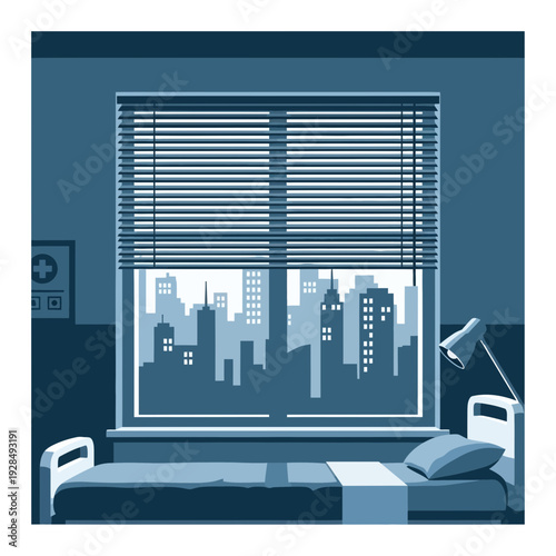 A Hospital Room Interior Featuring A Large Window With A Cityscape View In The Daytime