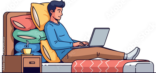 Man Working Remotely In Bedroom Isolated Transparent Background Flat 2D Vector
