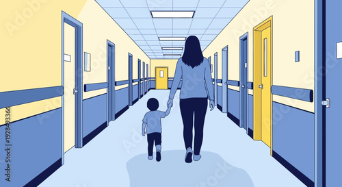 A Mother And Child Stroll Together Down The Hospital Corridor Towards The Light