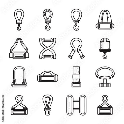 Industrial Lifting Hardware Icons Set Various Hooks Shackles and Slings Vector Line Art