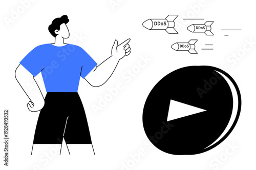 Cybersecurity, online threats, digital protection, DDoS attacks, media security, internet data. Man pointing at missiles labeled DDoS targeting a play button icon. Cybersecurity and online threats