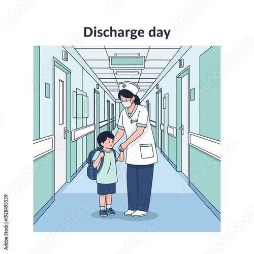 A Nurse Escorts Young Patient Out Of Hospital Hallway On Discharge Day