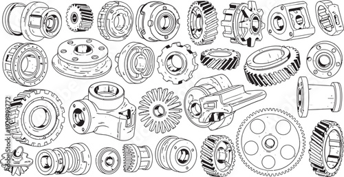 Collection of various mechanical gears and cogs isolated on transparent background