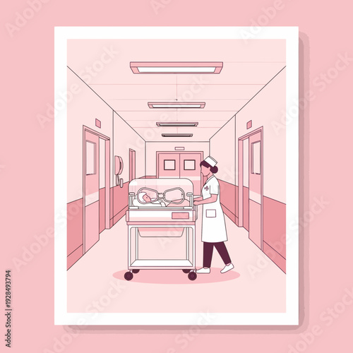 A Nurse Transports Newborn Baby In Incubator Through Hospital Corridor For Infant Care