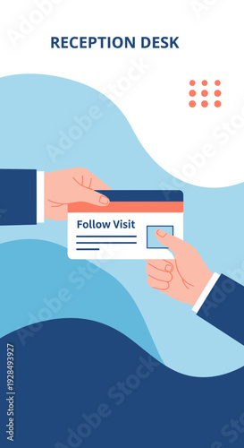A Person Handing Over a Follow Visit Card at the Reception Desk for a New Appointment