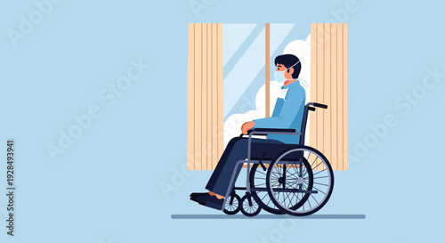 A Person In A Wheelchair Wearing A Mask Is Looking Out The Window Contemplating