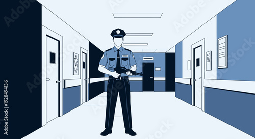 A Policeman Stands Guard in a Corridor Armed with a Rifle Ready for Action