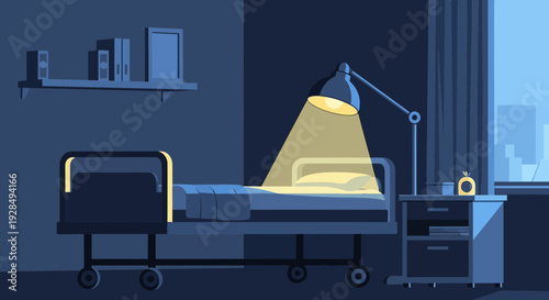 A Room Lit By A Lamp At Night Showing A Bed With A Nightstand, Cozy Atmosphere