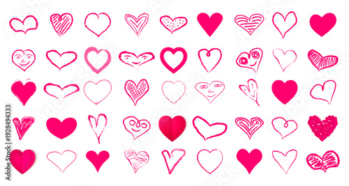 Pink hearts big set. 8 march day icons. Heart signs isolated on white background. Love concept stickers. Doodle style hand drawn hearts and smiles. Sticker pack. Vector grunge likes set