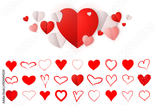 Red hearts big set. 8 march day icons. Heart signs isolated on white background. Love concept stickers. Doodle style hand drawn hearts and smiles. Sticker pack. Vector grunge likes set