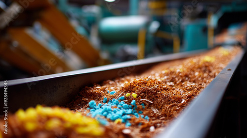 Wallpaper Mural Close up of dusty conveyor belt transporting shredded material wood chips and colorful plastic granules industrial processing facility recycling plant operation mixed material Torontodigital.ca