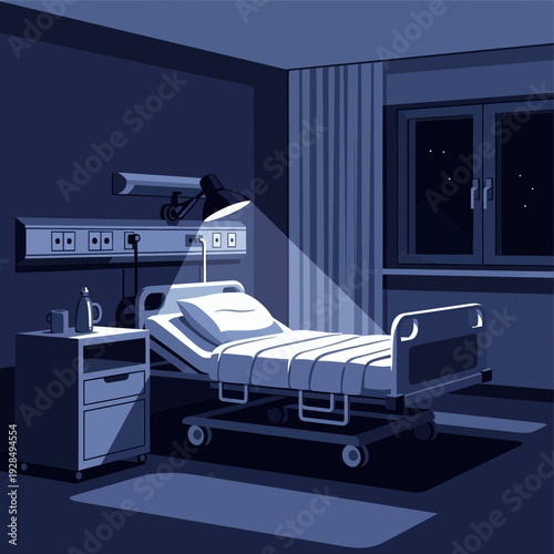 A Sterile And Serene Hospital Room Under Dim Moonlight With Starry Night Views Through Window