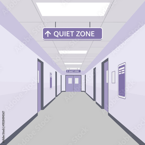 A Sterile And Serene Hospital Corridor With Clear Signage Directing To Quiet Spaces