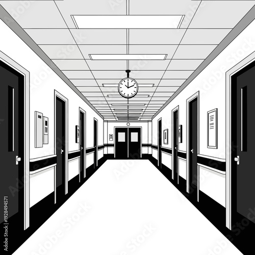 A Sterile And Stark Hospital Corridor Perspective Featuring Doors, Clock, And Clinical Ambiance