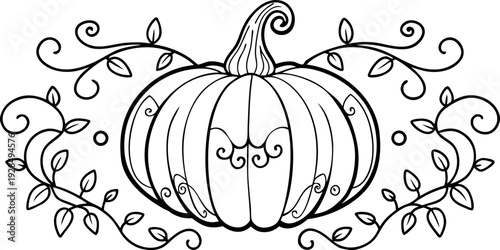 A detailed black and white illustration of a large pumpkin, centered in the frame. The pumpkin is adorned with intricate, swirling patterns, floral designs, and dot embellishments. The pumpkin's top s