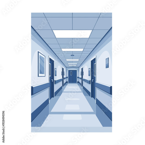 A Sterile And Tranquil Hospital Corridor With Doors And Dimly Lit Ceiling Panels