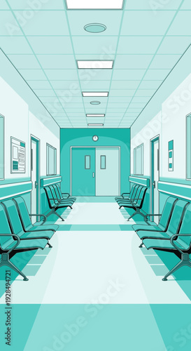 A Sterile, Tranquil Hospital Corridor with Comfortable Seating and Modern Lighting Design