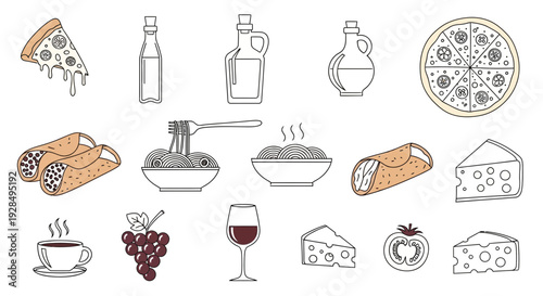 Italian food icons: pizza, pasta, wine, cheese, and more.