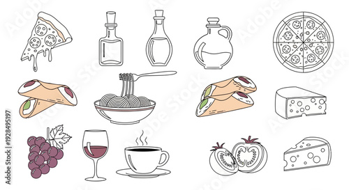 Italian food illustration set: pizza, pasta, wine, and ingredients