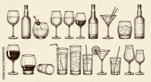Vintage drinks illustration: wine glasses, bottles, cocktails, and beverages