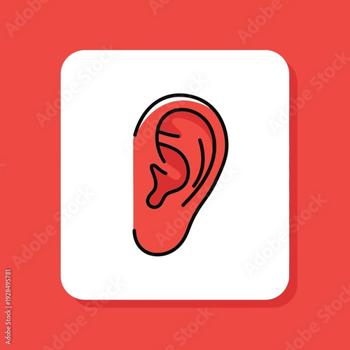 Abstract Ear Illustration On A White Square, Surrounded By A Vibrant Red Background