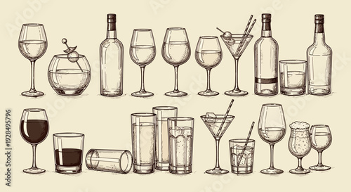 Vintage drinkware collection illustration, wine glasses, bottles, cocktails