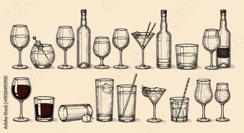 Vintage drinkware collection illustration, bar glassware sketch