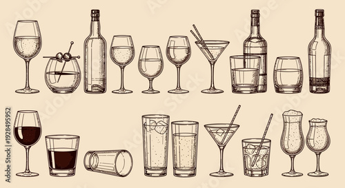 vintage drink glasses illustration, alcohol beverages sketch