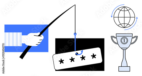 Phishing concept. phishing of passwords, global internet connectivity, and data security with a trophy symbol. Phishing risks, cybersecurity solutions, and data protection. Ideal for technology