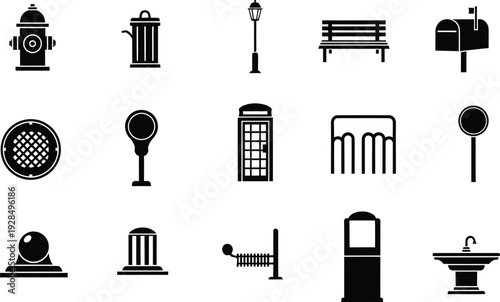 Collection of black silhouettes of street furniture icons including a fire hydrant and bench.