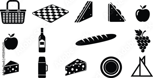 Set of picnic related silhouette icons including basket blanket food and drink items.
