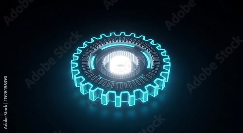 Futuristic glowing gear with a blue neon light in a dark setting.