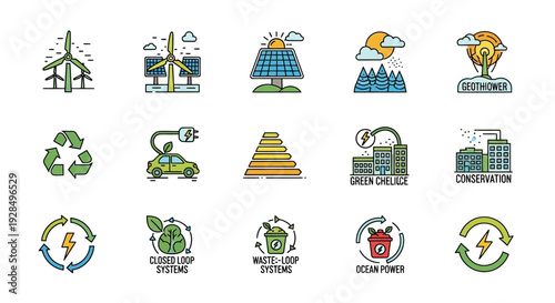 Renewable energy and sustainability vector icons set