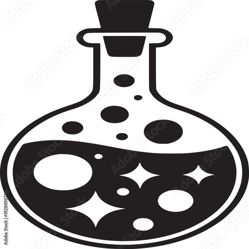 Mystical potion in glass bottle with sparkling liquid offers enchanting magic for spellbinding designs