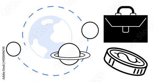 Finance, global economy, business, space exploration, sustainability, wealth. Planet Earth, Saturn briefcase and coin symbols interconnected. Finance and global economy visually